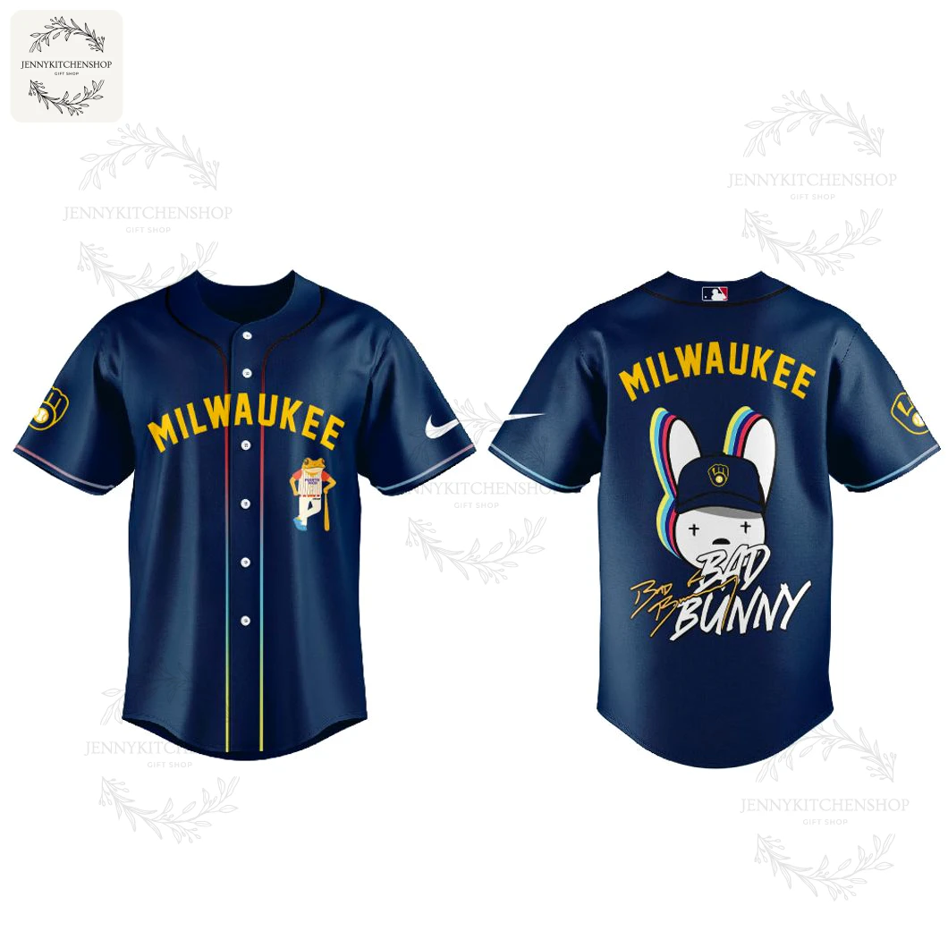 A product image showing the front and back of the navy blue Milwaukee Brewers x Bad Bunny 2025 limited edition baseball jersey.