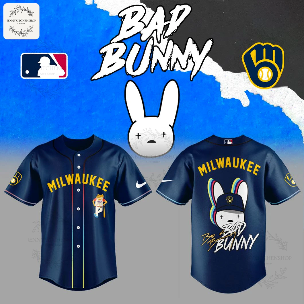 Front and back of the Milwaukee Brewers x Bad Bunny jersey on a blue promotional background with MLB and team logos.