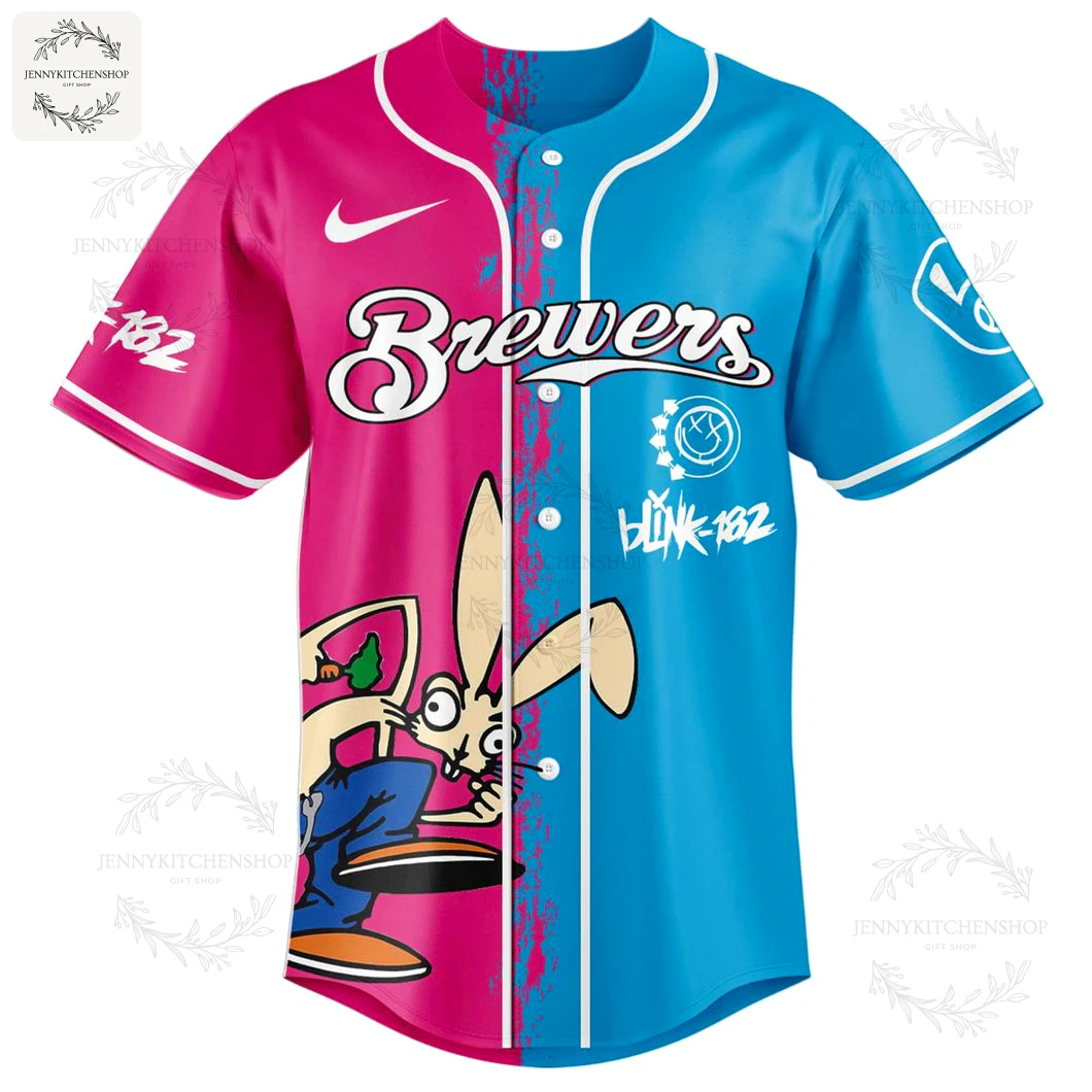 The front of the Milwaukee Brewers Blink-182 baseball jersey, featuring a split pink and blue design with the Brewers logo and band mascot.