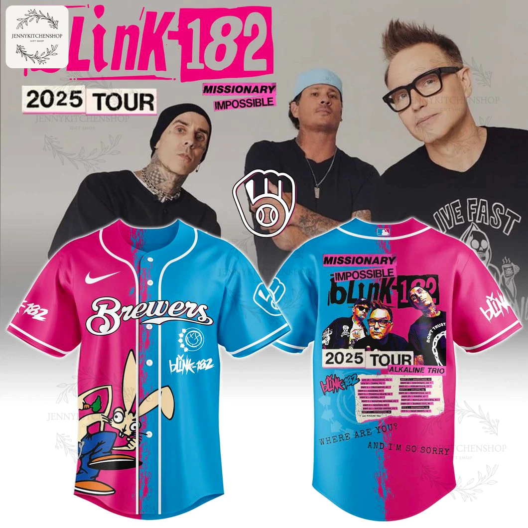 A promotional image showing the front and back of the Milwaukee Brewers Blink-182 jersey, with the band members pictured above.