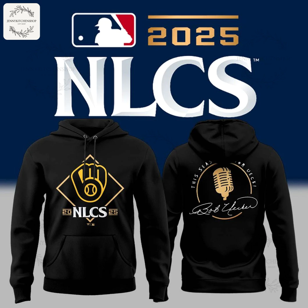 Front and back view of the Milwaukee Brewers NLCS 2025 limited edition black hoodie, with a gold team logo and Bob Uecker tribute.