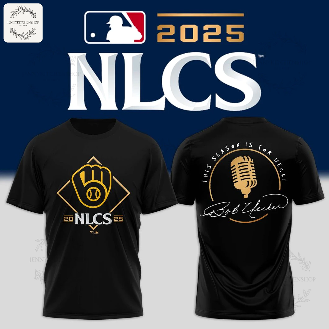 Front and back view of the Milwaukee Brewers NLCS 2025 limited edition black t-shirt, featuring a gold logo and a Bob Uecker tribute.