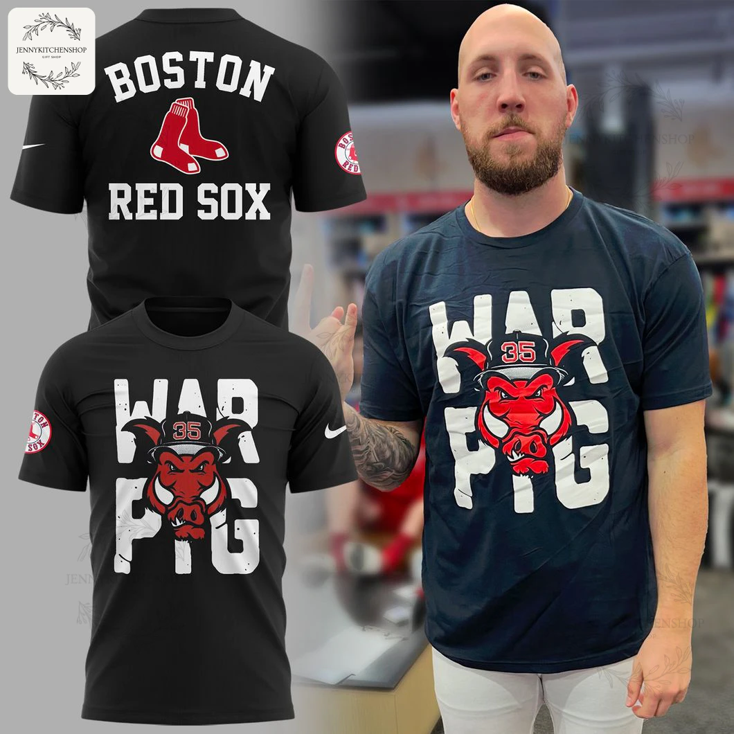 A man models the Boston Red Sox War Pig 3D T-Shirt, alongside detailed mockups of the front and back designs.