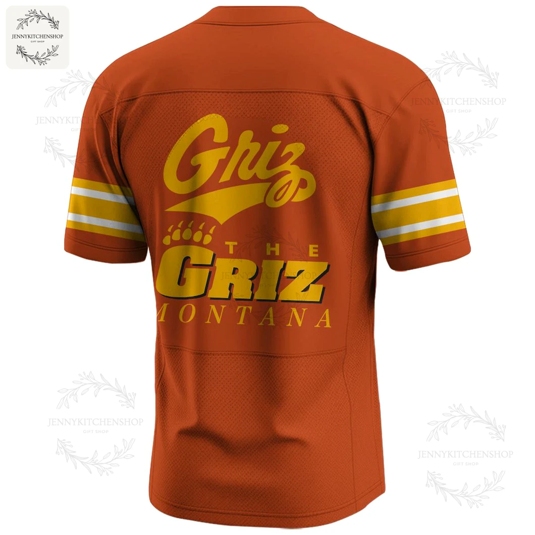 Montana Grizzlies 2025 Limited Jersey - Back View with "The Griz" Graphic Angled back view of the orange Montana Grizzlies football jersey, showing the large yellow "Griz" script logo on the upper back.
