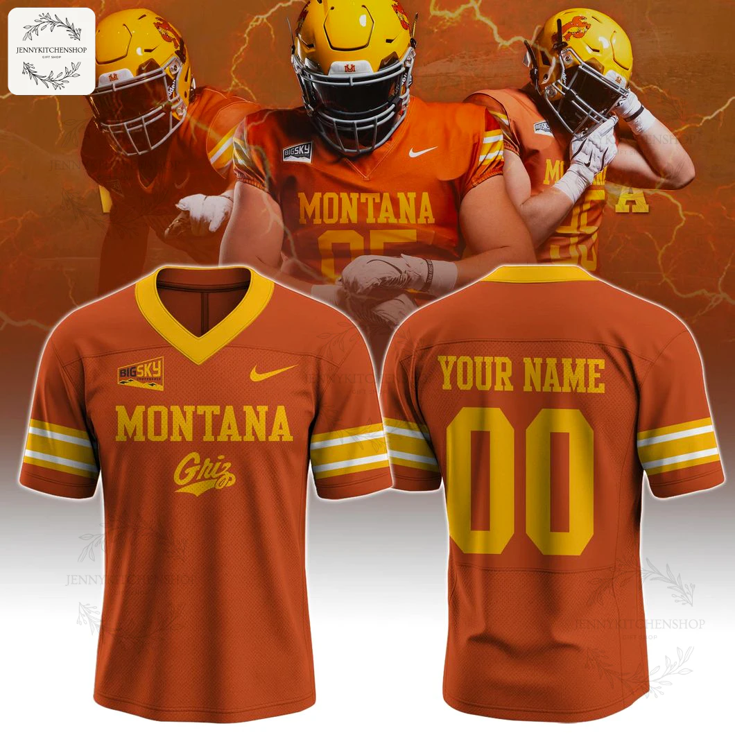 Montana Grizzlies 2025 limited football jersey in orange. Front shows "MONTANA Griz", back is customizable with name and number.