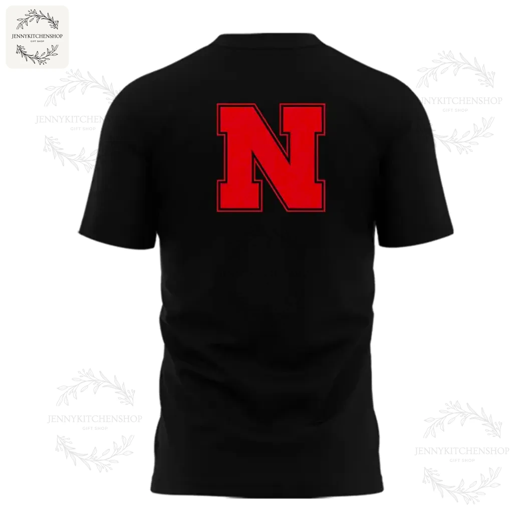 Back View of the Nebraska Huskers T-Shirt with 'N' Logo Back of the black Nebraska Huskers t-shirt showing the large red block letter 'N' logo centered on the upper back.