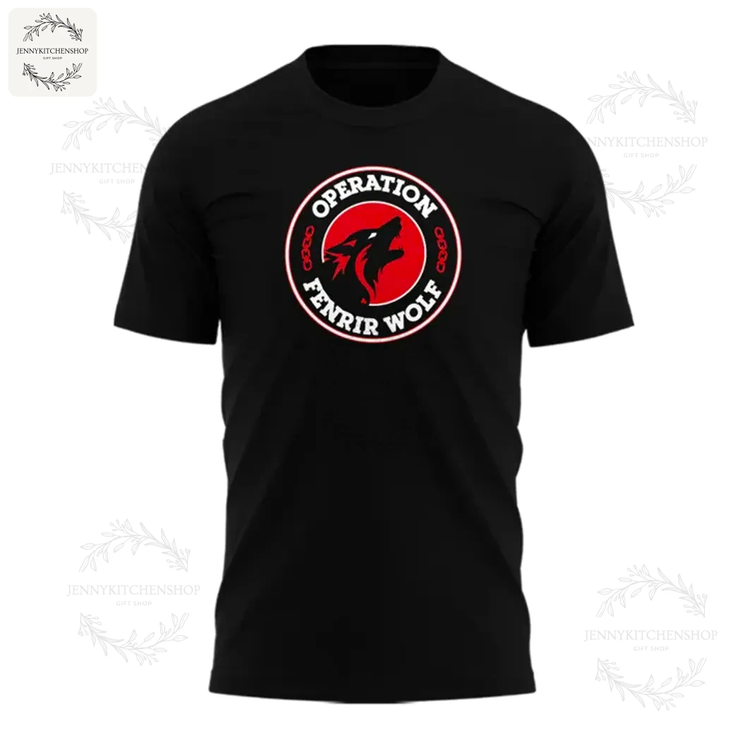 Front of the black Nebraska Huskers t-shirt featuring the red circular "Operation Fenrir Wolf" logo with a howling wolf silhouette.