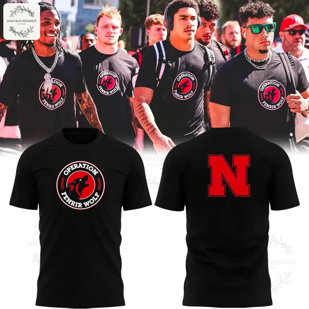 Nebraska Huskers players wearing the black Operation Fenrir Wolf shirt, with front and back views of the t-shirt shown below.