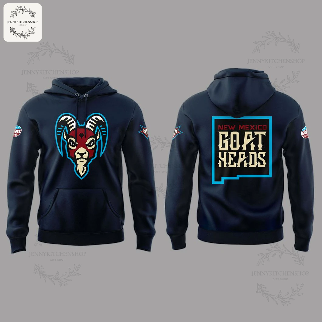 A dark navy New Mexico Goatheads hoodie, front view with goat head logo and back view with team name inside a state outline.
