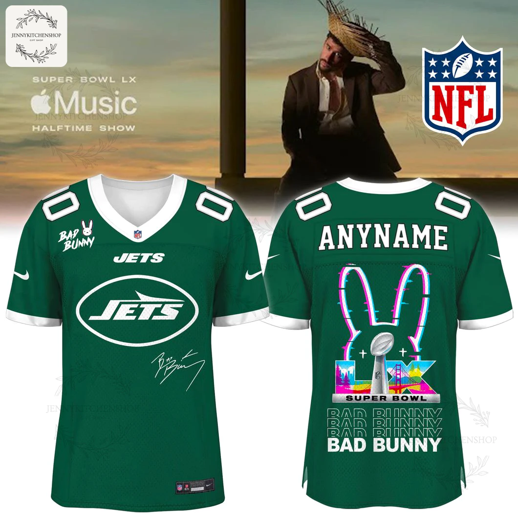 A composite image showing the front and back of a green New York Jets football jersey collaboration with Bad Bunny for the Super Bowl.