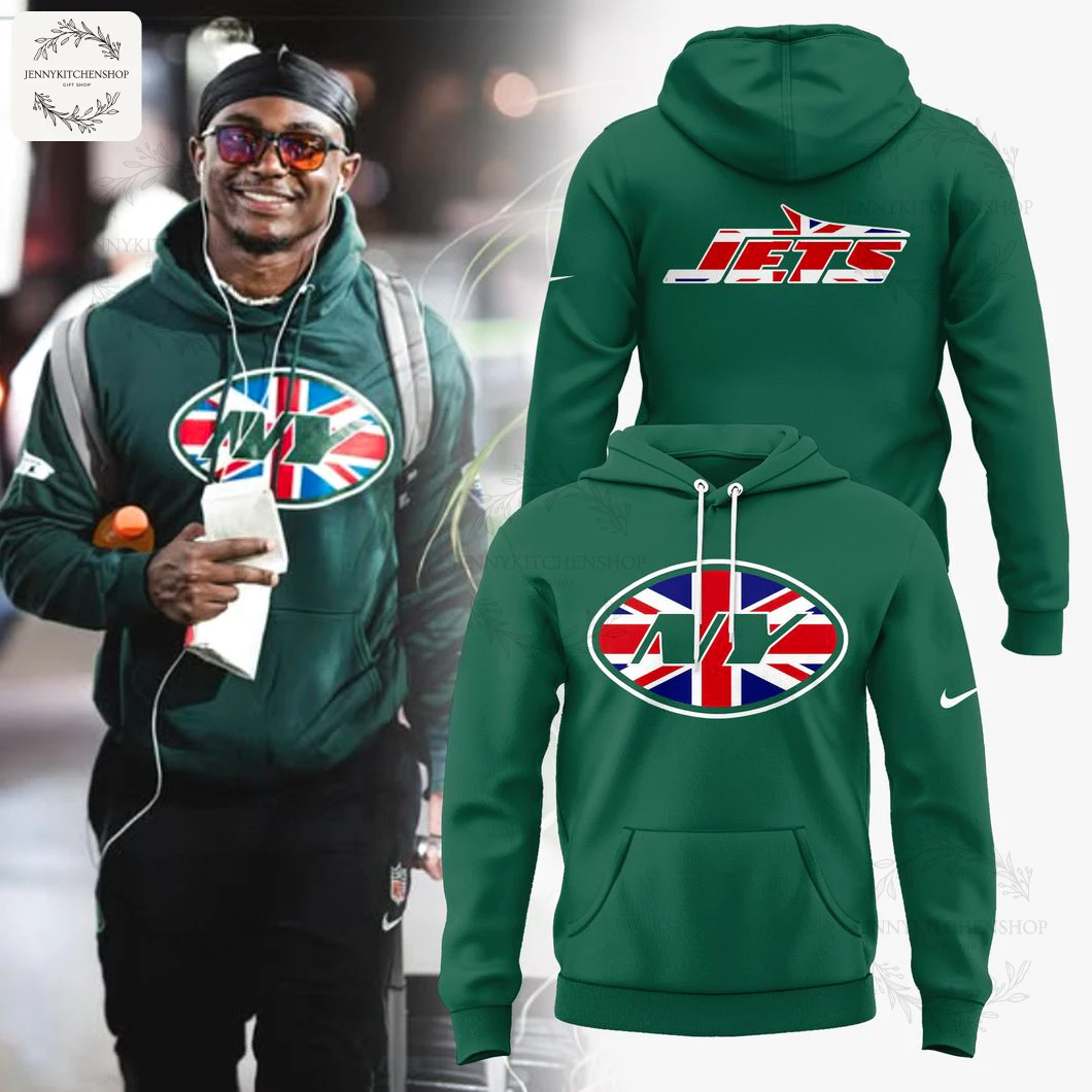 A player wears the green New York Jets London Game hoodie, alongside mockups showing the Union Jack front logo and back design.