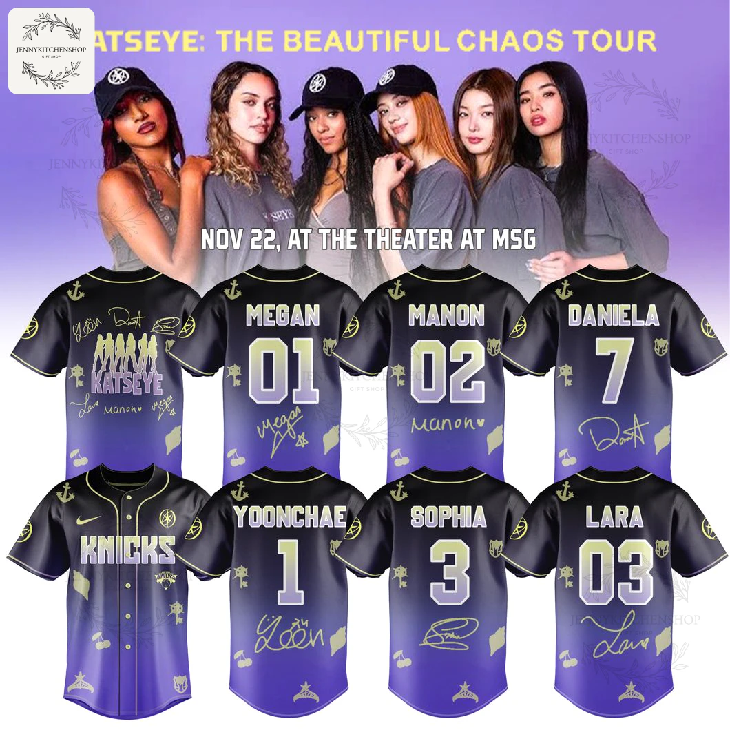 Full collection of New York Knicks X Katseye baseball jerseys, showing front view and back views for each member of the girl group.