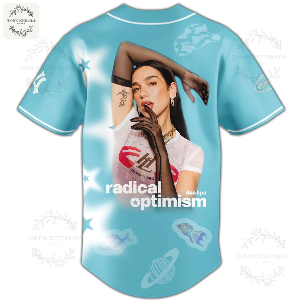Back View of the New York Yankees Dua Lipa Radical Tour Jersey Back view of the New York Yankees Dua Lipa baseball jersey, with a large graphic of the artist and the words "Radical Optimism".