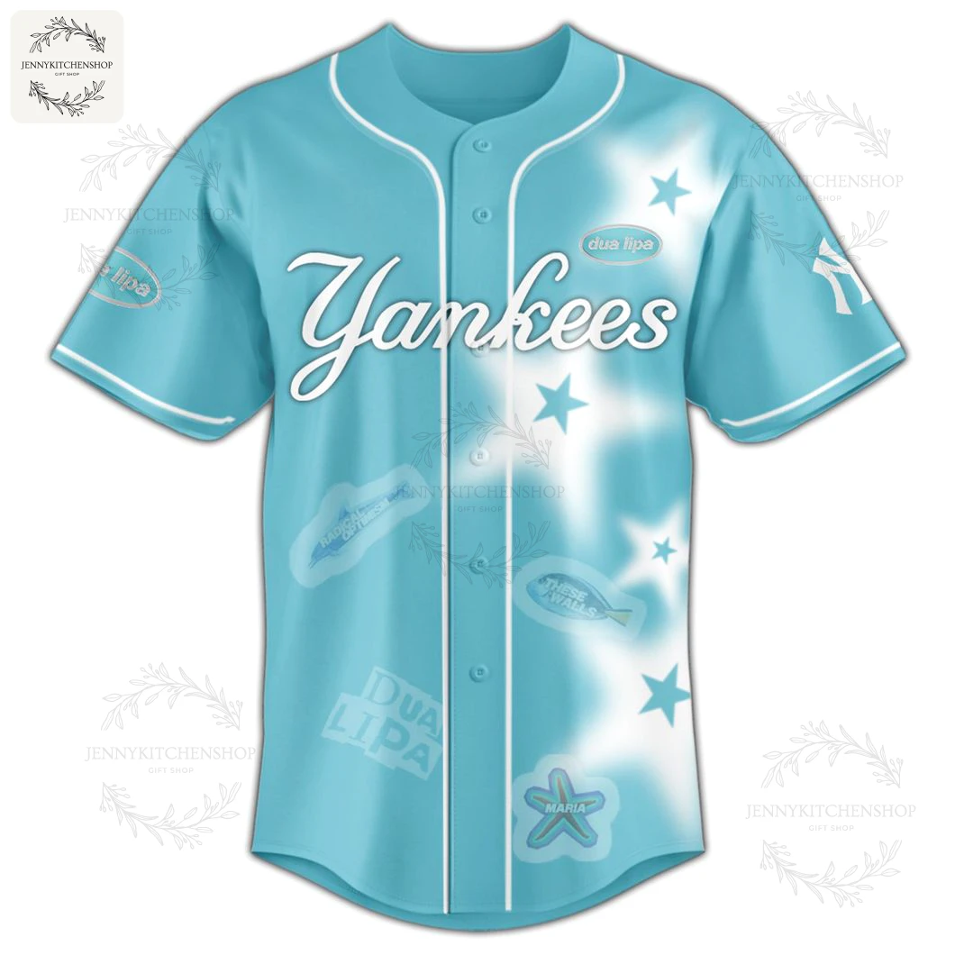 Front view of the light blue New York Yankees Dua Lipa baseball jersey, featuring the classic Yankees script and tour graphics.