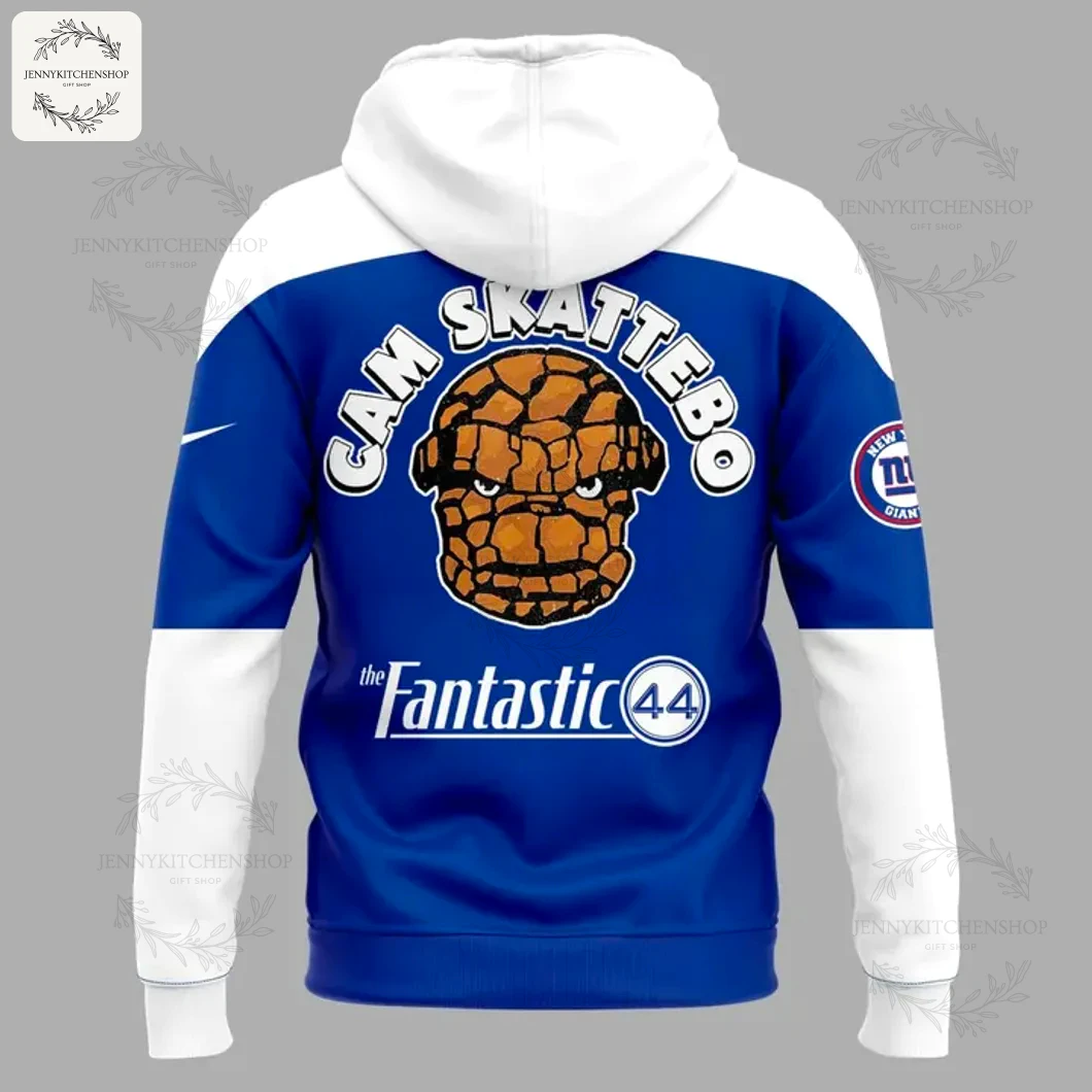 Back Design of the New York Giants x Fantastic Four Hoodie Back of the NY Giants hoodie with a graphic of The Thing's head, the name "Cam Skattebo", and "the Fantastic 44" text.
