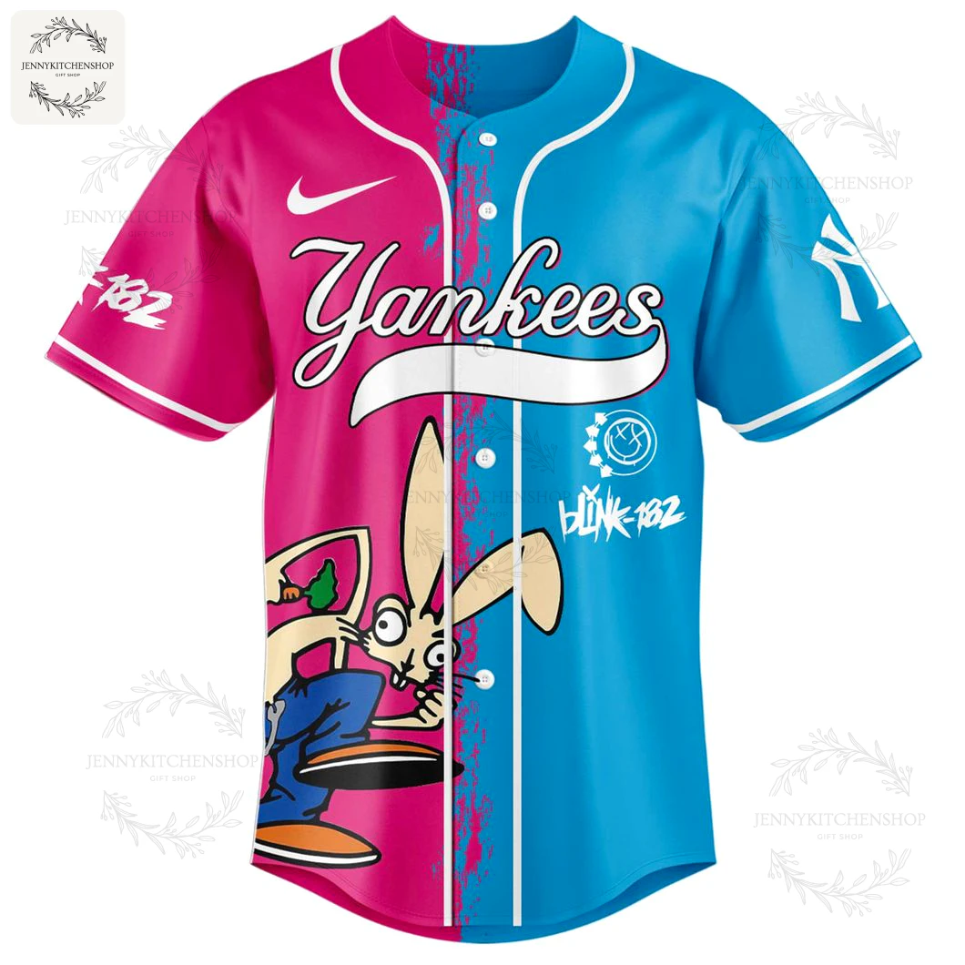 Front of the New York Yankees and Blink-182 collaboration baseball jersey, featuring a pink and blue split design and the band's bunny.