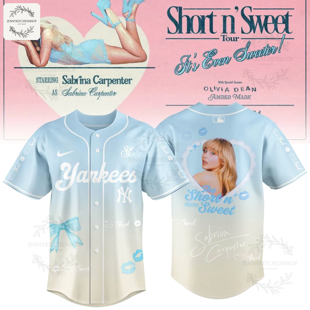 Front and back view of the New York Yankees x Sabrina Carpenter Short N' Sweet tour-themed baseball jersey in light blue and cream.