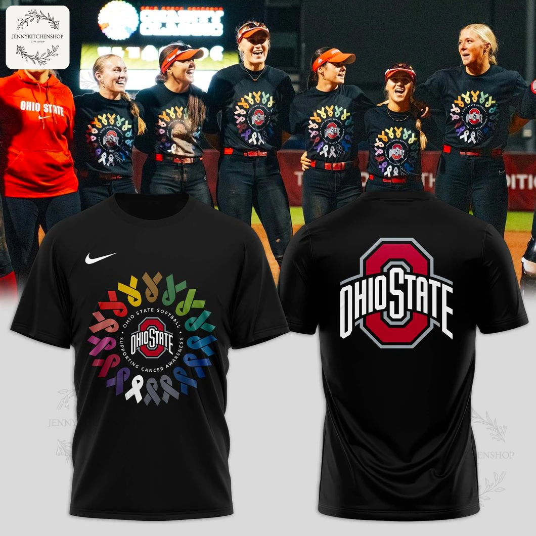 Black 3D T-Shirt featuring a colorful circular ribbon design surrounding a small Ohio State Buckeyes emblem on the front.