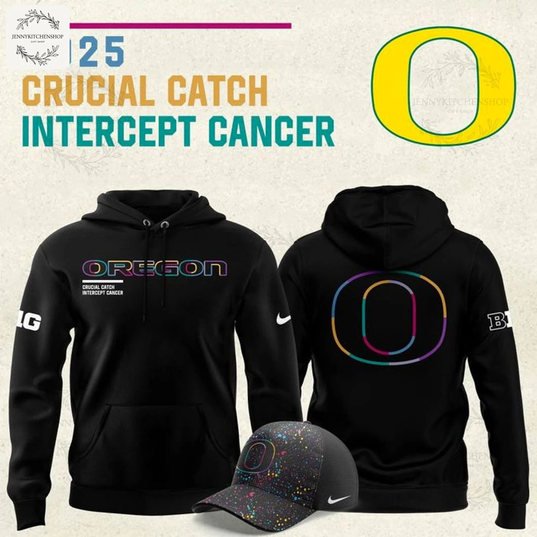 Front and back view of the black Oregon Ducks 2025 Crucial Catch hoodie with a matching hat from the Intercept Cancer collection.
