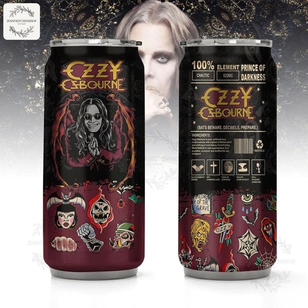 A premium can tumbler featuring Ozzy Osbourne with bat wings and tattoo-style art. Front and back shown on a dark background.