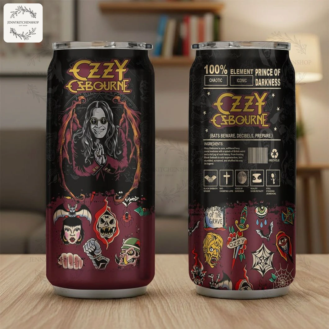 The Ozzy Osbourne premium can tumbler displayed on a wooden desk, showing both the front portrait and the back ingredients label.