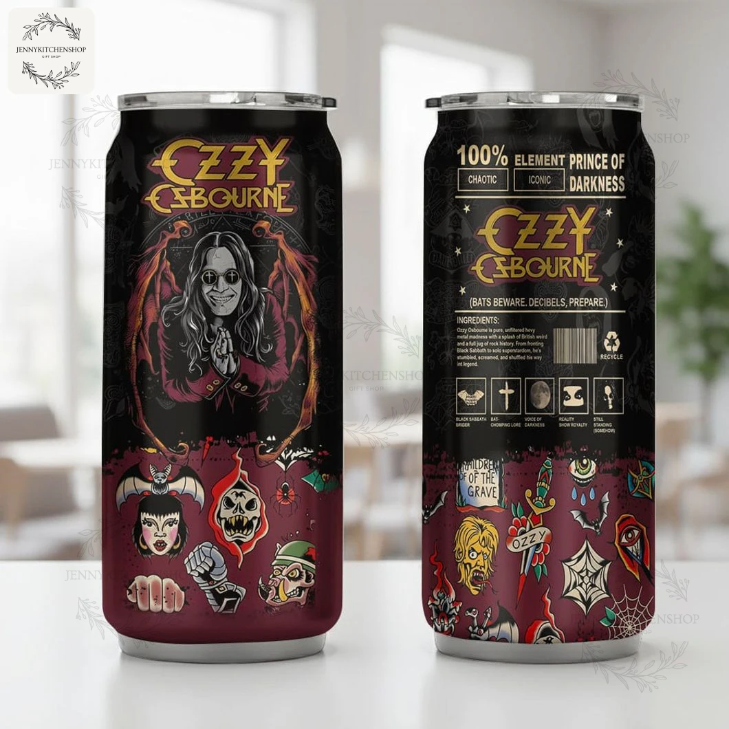 Premium Ozzy Osbourne 2025 Can Tumbler - Clean Product Shot A clean view of the Ozzy Osbourne can tumbler on a white surface, highlighting the detailed Prince of Darkness graphics.