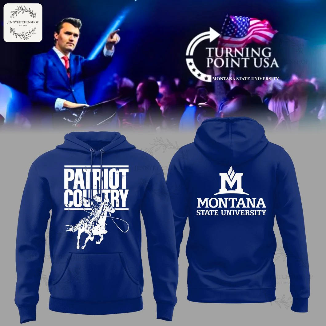 A blue pullover hoodie with "Patriot Country" and a cowboy on the front, and the Montana State University logo on the back.