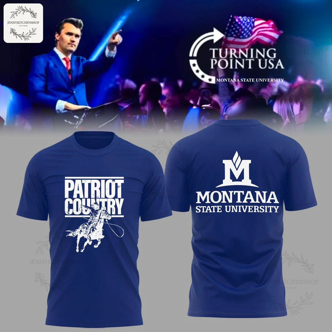 Front and back of a blue t-shirt with "Patriot Country" and a cowboy on the front and Montana State University logo on the back.