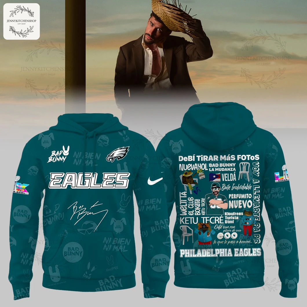 Front and back view of the Philadelphia Eagles Bad Bunny Crucial Catch 2025 hoodie in teal with custom graphics and logos.