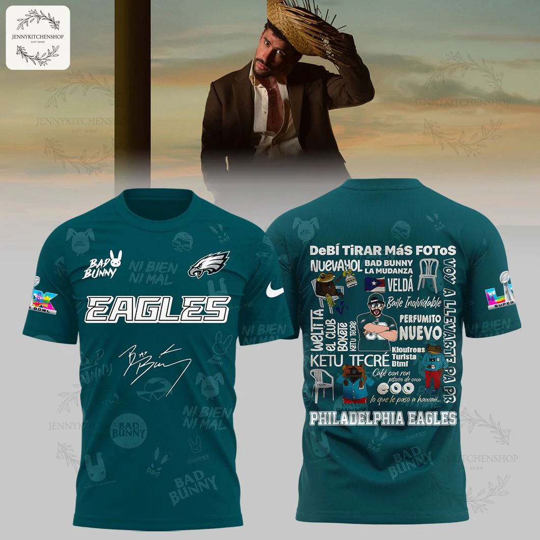 Front and back view of the Philadelphia Eagles Bad Bunny Crucial Catch 2025 t-shirt in teal with custom graphics and logos.