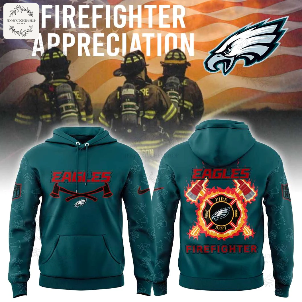 Promo image of the Eagles Firefighter hoodie showing front and back designs with a background of firefighters and an American flag.