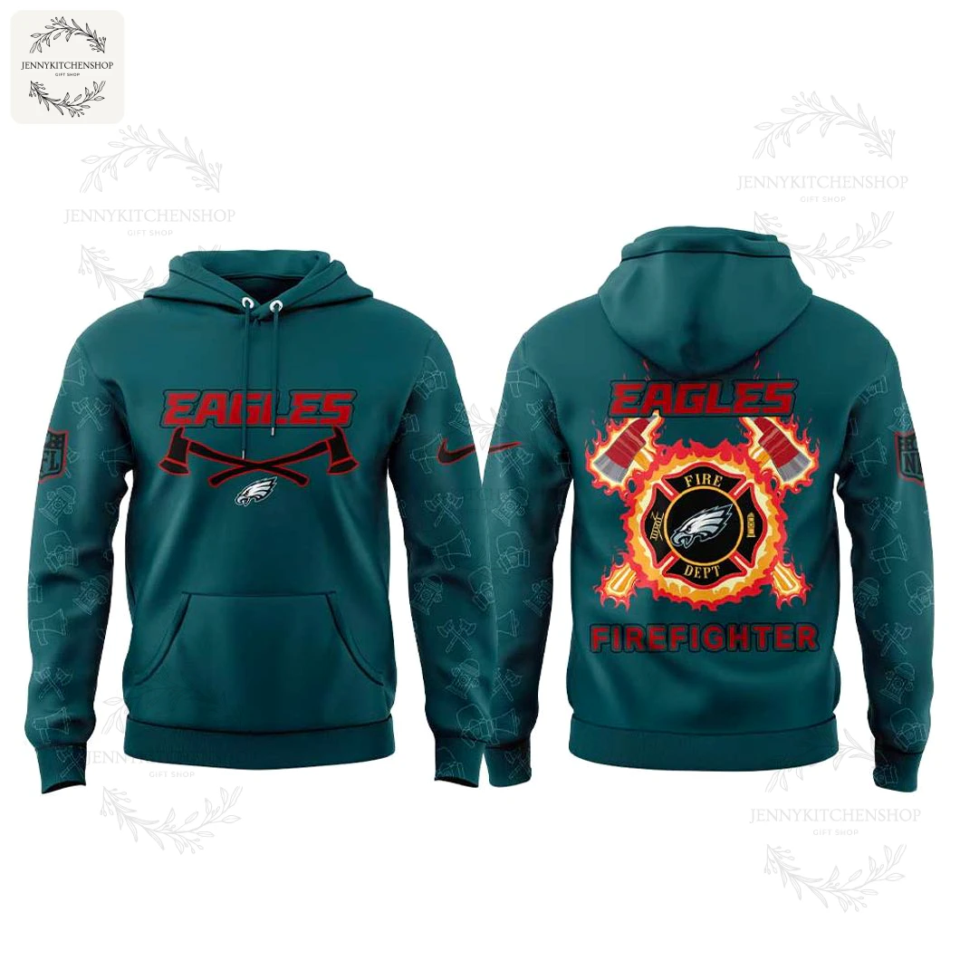 A mockup showing the front and back of the Philadelphia Eagles Firefighter hoodie against a clean white background.