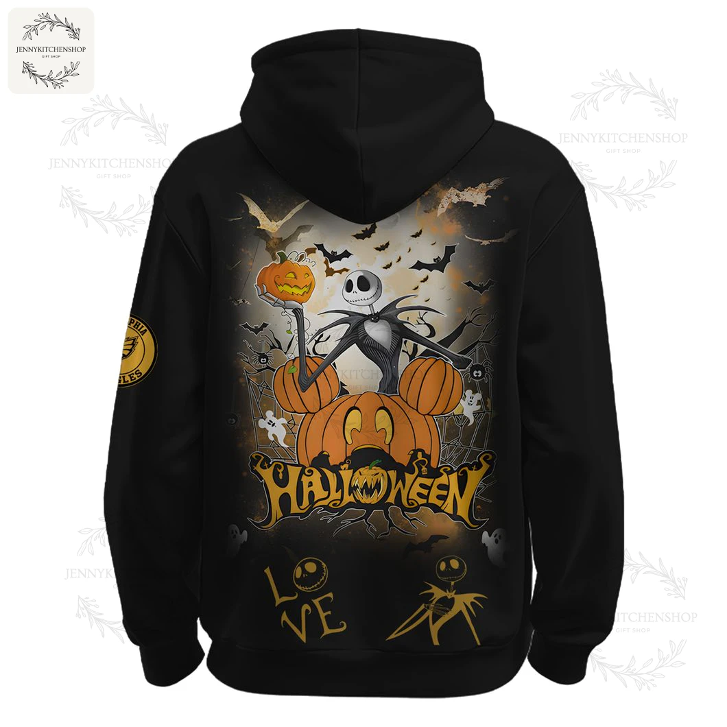 Back View of the Philadelphia Eagles Halloween Hoodie with Jack Skellington Back of a black hoodie featuring a large graphic of Jack Skellington from Nightmare Before Christmas holding a pumpkin surrounded by bats.