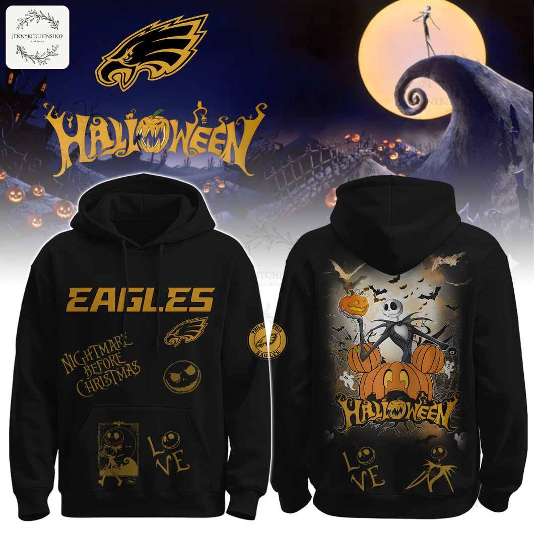 A black Philadelphia Eagles Halloween hoodie showing the front and back, featuring Nightmare Before Christmas and Jack Skellington graphics.