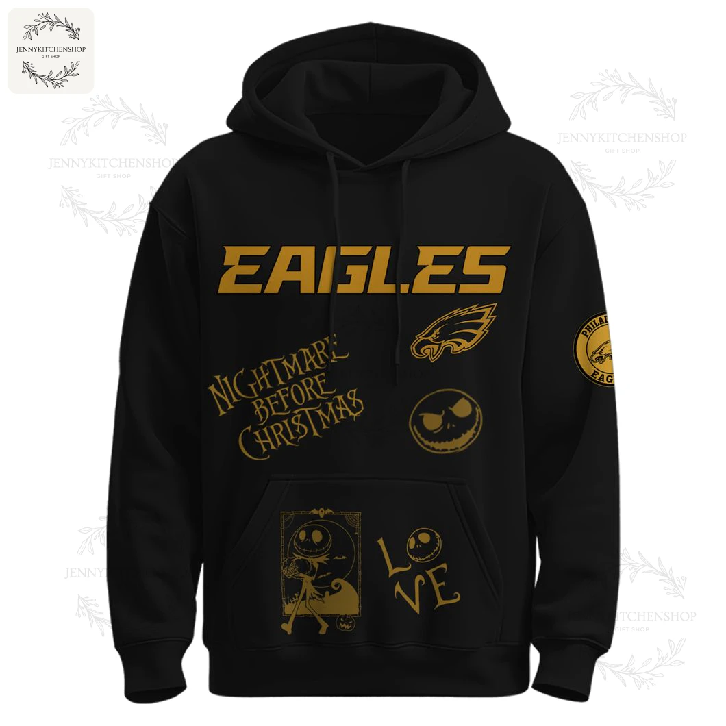 Front of a black hoodie with gold Philadelphia Eagles text and logo, plus Nightmare Before Christmas and Jack Skellington graphics.