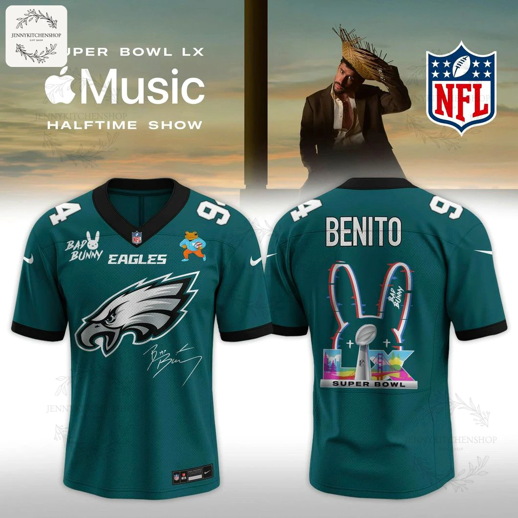 A promo image showing the front and back of a teal Philadelphia Eagles jersey collaboration with Bad Bunny for the 2026 Super Bowl.