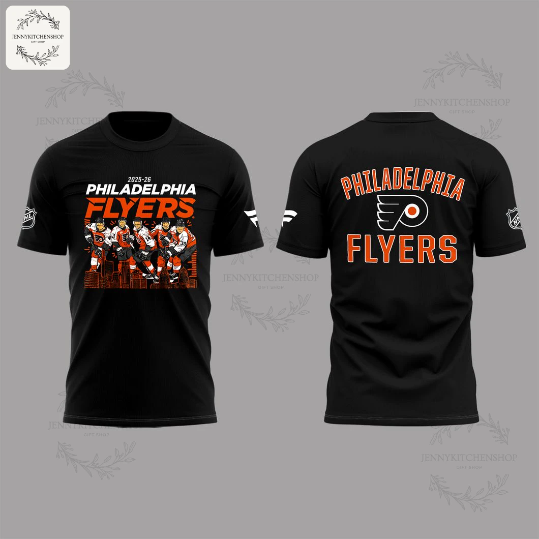 Front and back views of a black Philadelphia Flyers Home Opener T-Shirt on a gray backdrop