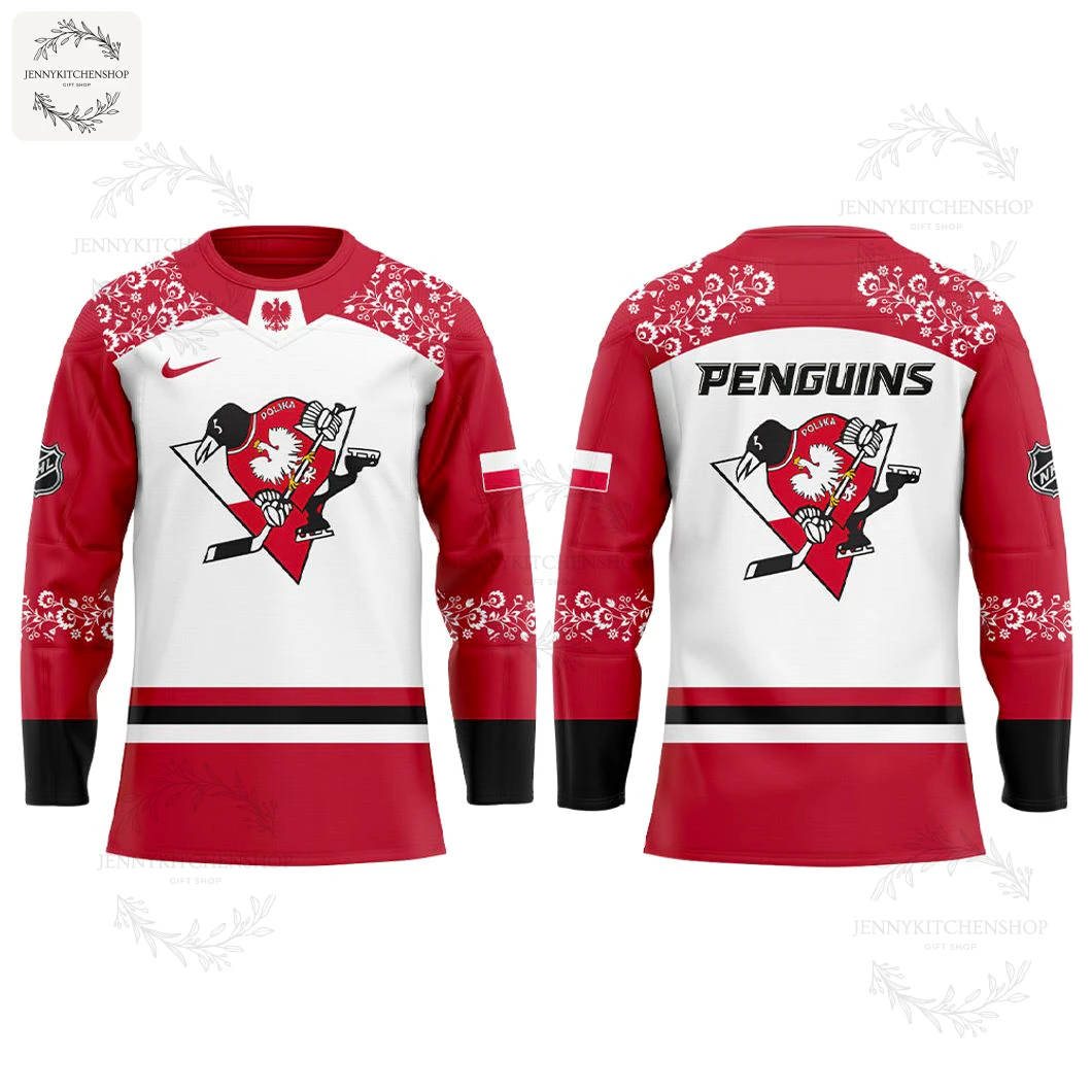 A mockup showing the front and back of the limited edition Pittsburgh Penguins Polish Heritage hockey jersey.