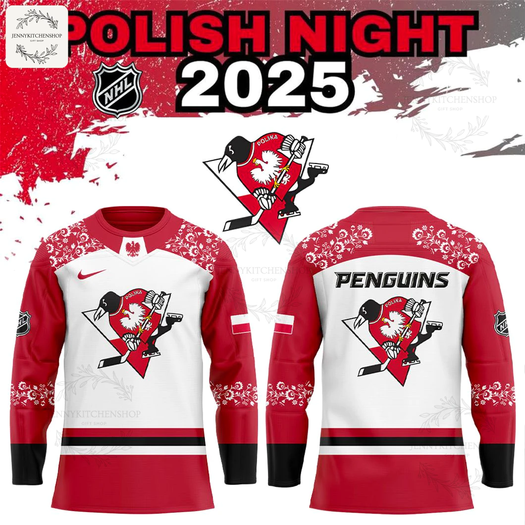 Promo image for the Penguins Polish Heritage Night 2025 jersey, showing the front, back, and logo detail.