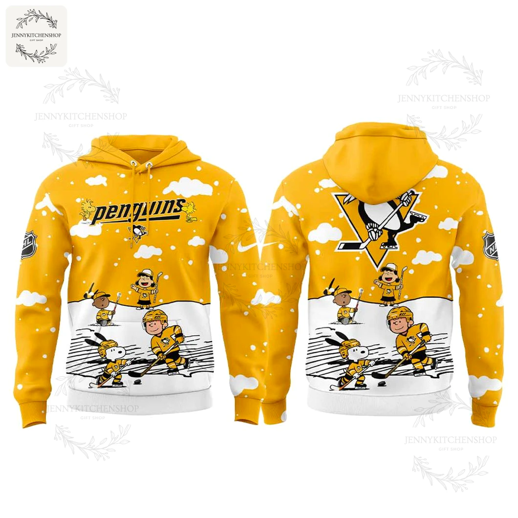 A front and back view of the yellow Pittsburgh Penguins hoodie featuring Snoopy and the Peanuts gang playing hockey.