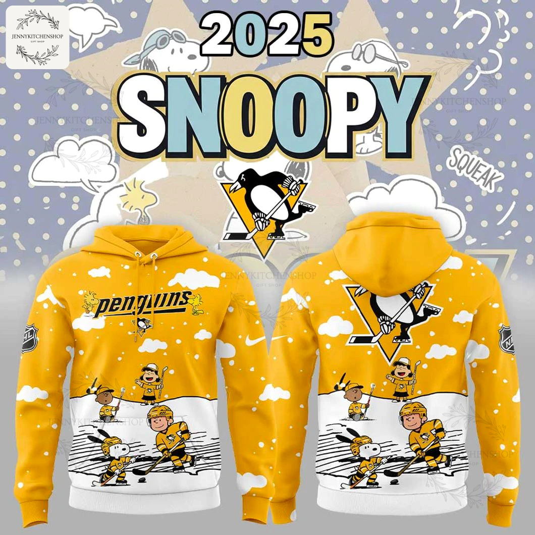 Promotional graphic showing the front and back of the Pittsburgh Penguins Snoopy 2025 hoodie with Peanuts characters.