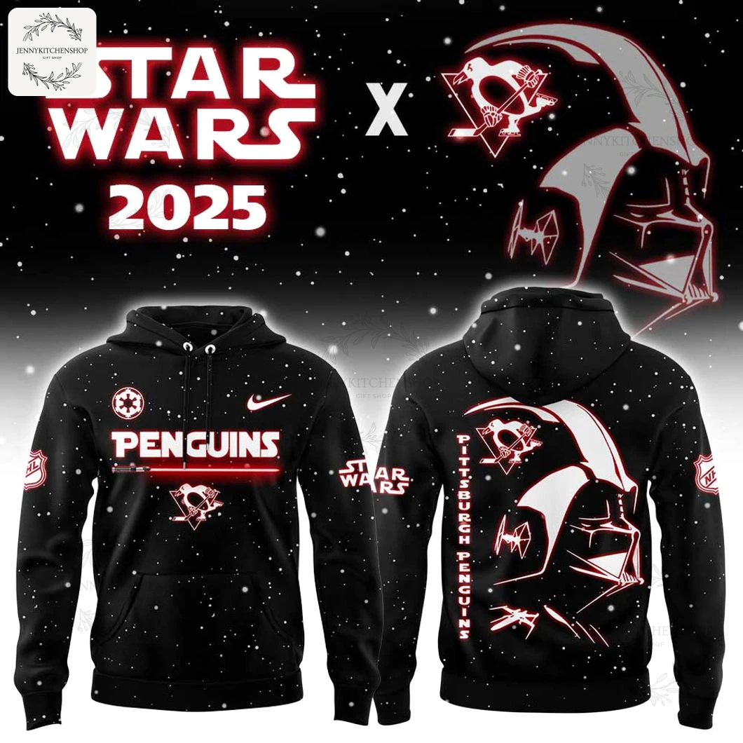 Black hoodie overview showing front and back: front has bold PENGUINS wordmark with red lightsaber underline, small team skull-and-sticks logo, Nike swoosh and Star Wars sleeve print; back shows large red-outlined Darth Vader helmet, vertical "Pittsburgh Penguins" text and space-snow speckle pattern.