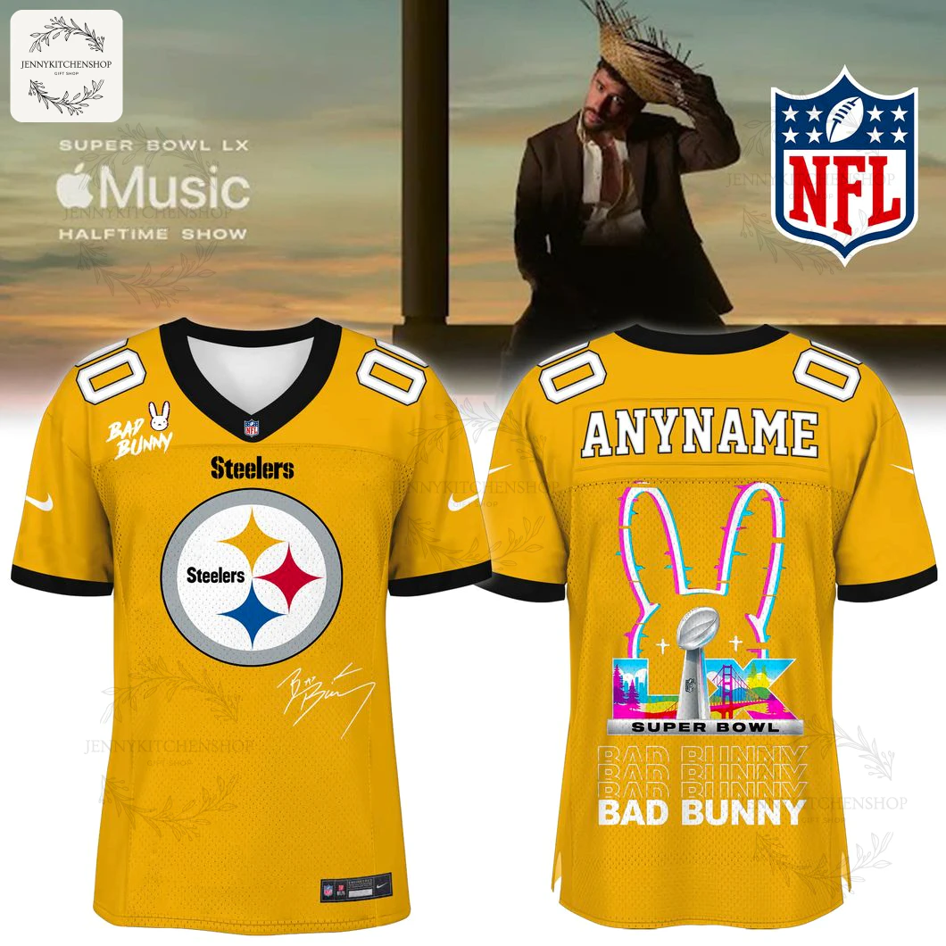 Front and back views of a custom Pittsburgh Steelers x Bad Bunny Super Bowl jersey, featuring team and artist logos.