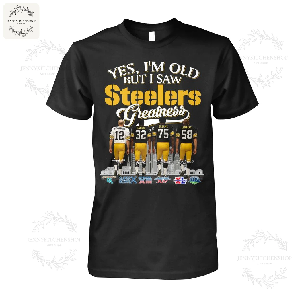 Black short-sleeve T-shirt on white background with large gold "Steelers" text and graphic of four players walking away, signatures, skyline and Super Bowl logos
