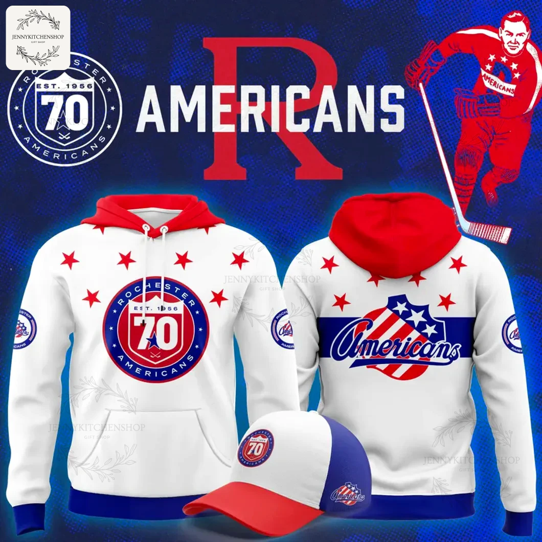 Promotional image showing the front and back of the Rochester Americans 70 Years hoodie and a matching cap.