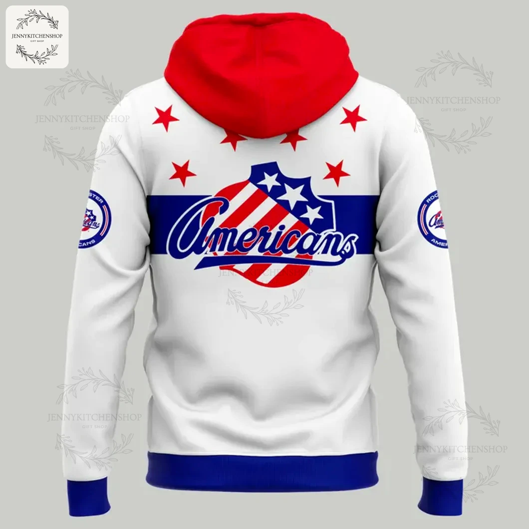 Back View of the Rochester Americans 70 Years 2025 Hoodie Back of the Rochester Americans 70th anniversary hoodie, showing the Americans script logo over a patriotic shield.