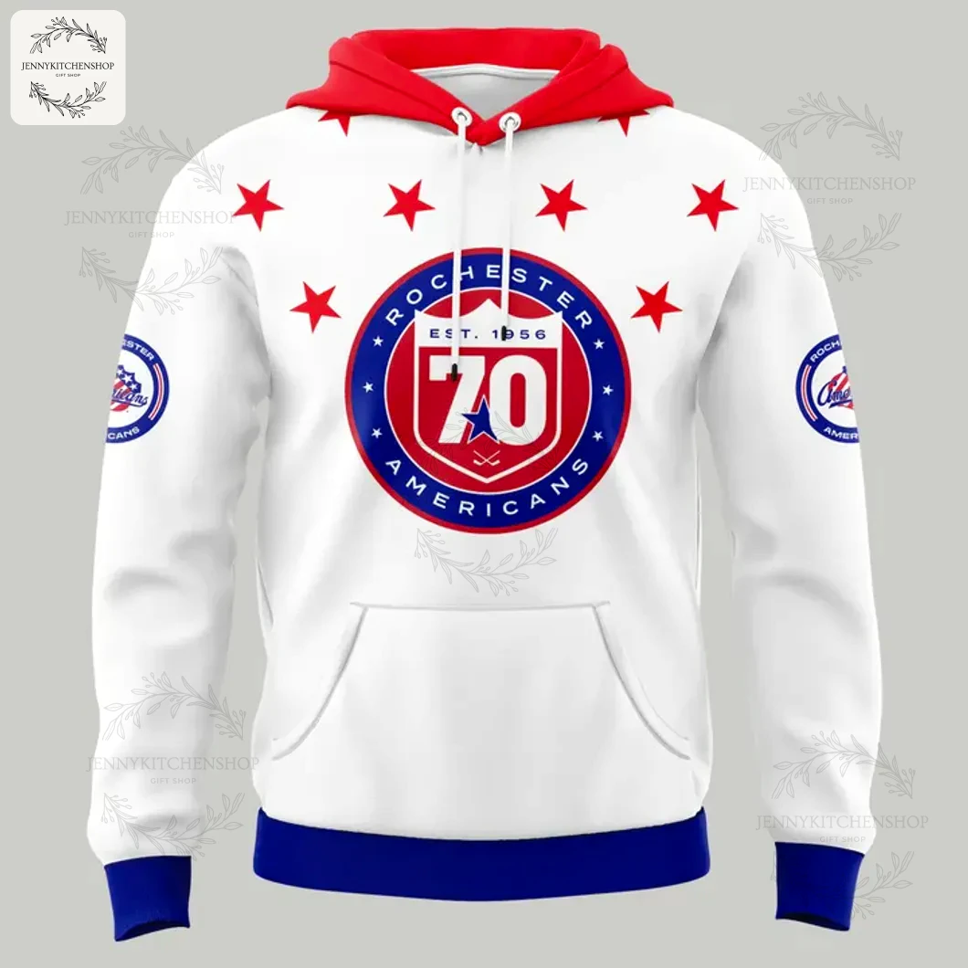 Front of the white Rochester Americans 70th anniversary hoodie, featuring the circular 70 years logo and red stars.