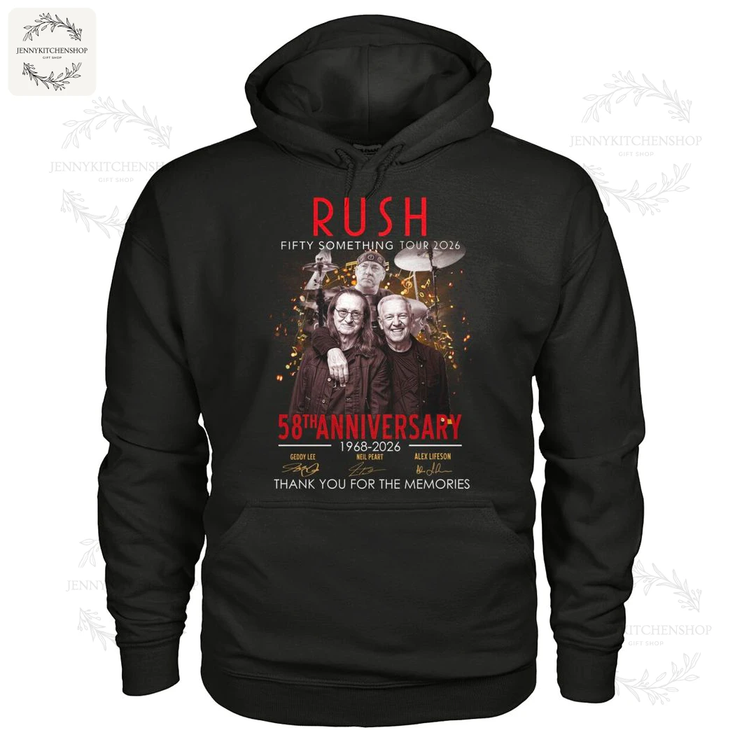 A black pullover hoodie celebrating the Rush 58th Anniversary, with a "Fifty Something Tour 2026" graphic and signatures.