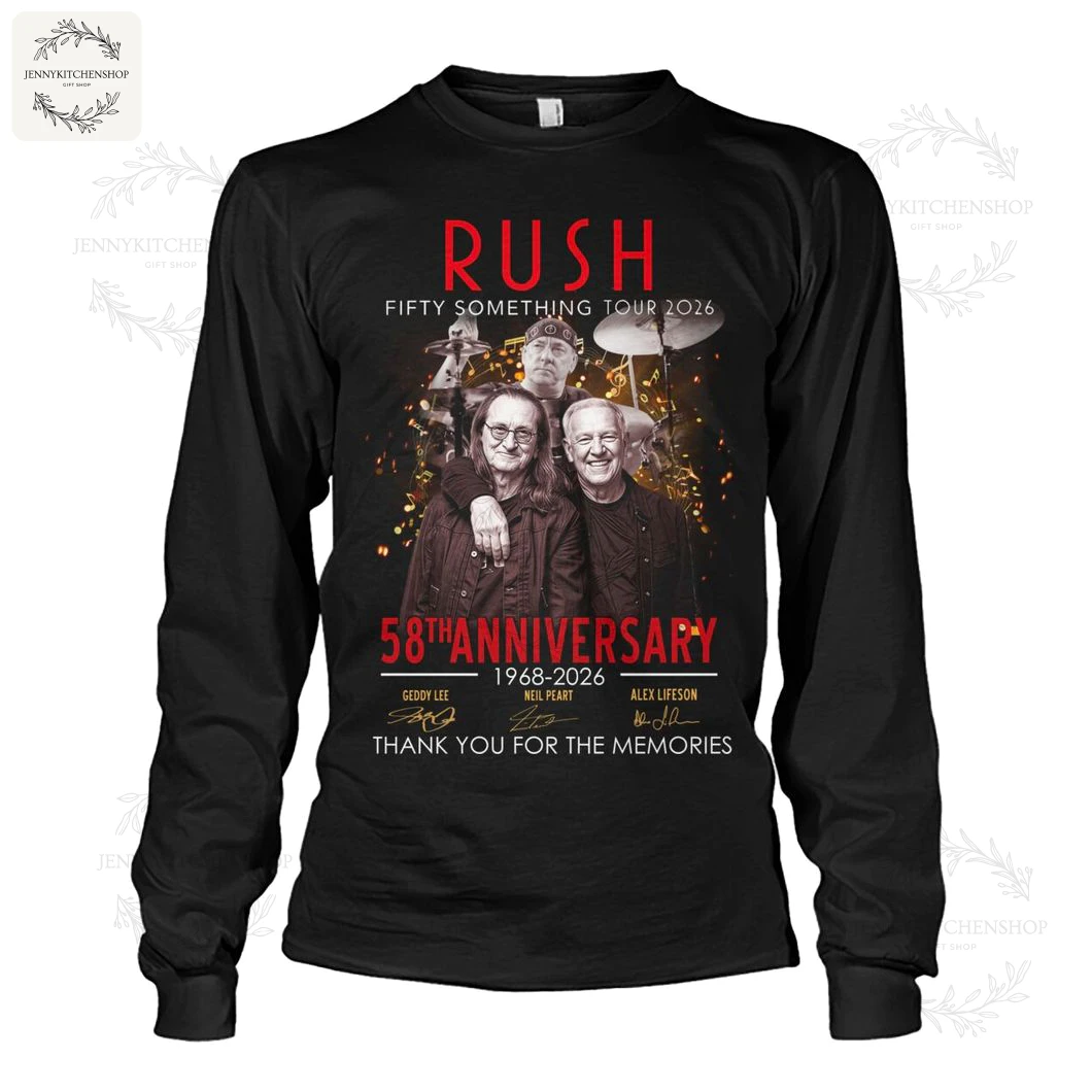 A black long-sleeve shirt with the Rush 58th Anniversary 1968-2026 tour graphic, featuring the band and their signatures.