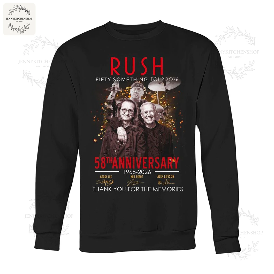A black sweatshirt with a graphic of the band Rush for their 58th Anniversary Fifty Something Tour 2026, with signatures.